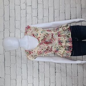 Body Central Floral Print Sleeveless Peplum Ruffle Blouse in Cream/Pink/Multi